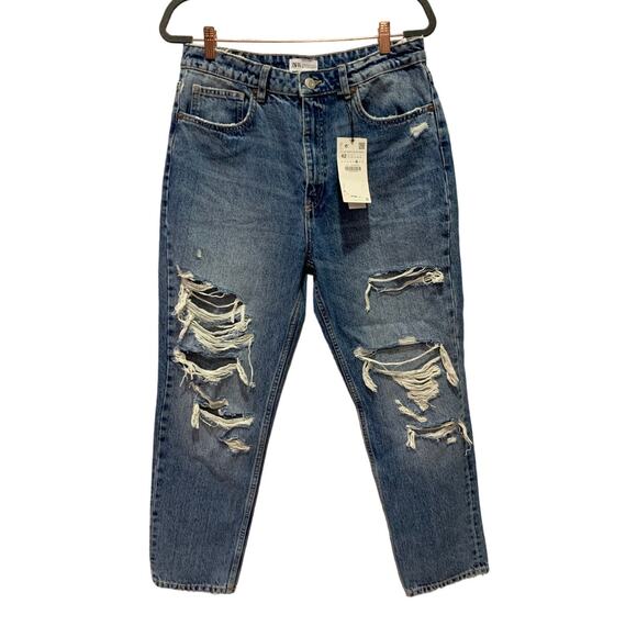 Zara Distressed High Waisted Mom Jeans Size 10 NEW - Picture 1 of 6
